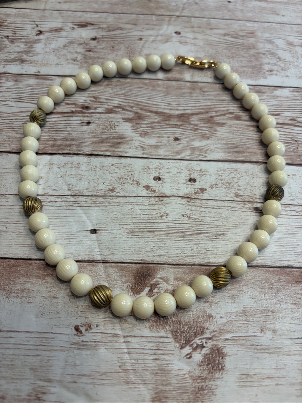 Vintage Napier Butter cream Beaded Necklace with Striped Accent Beads
